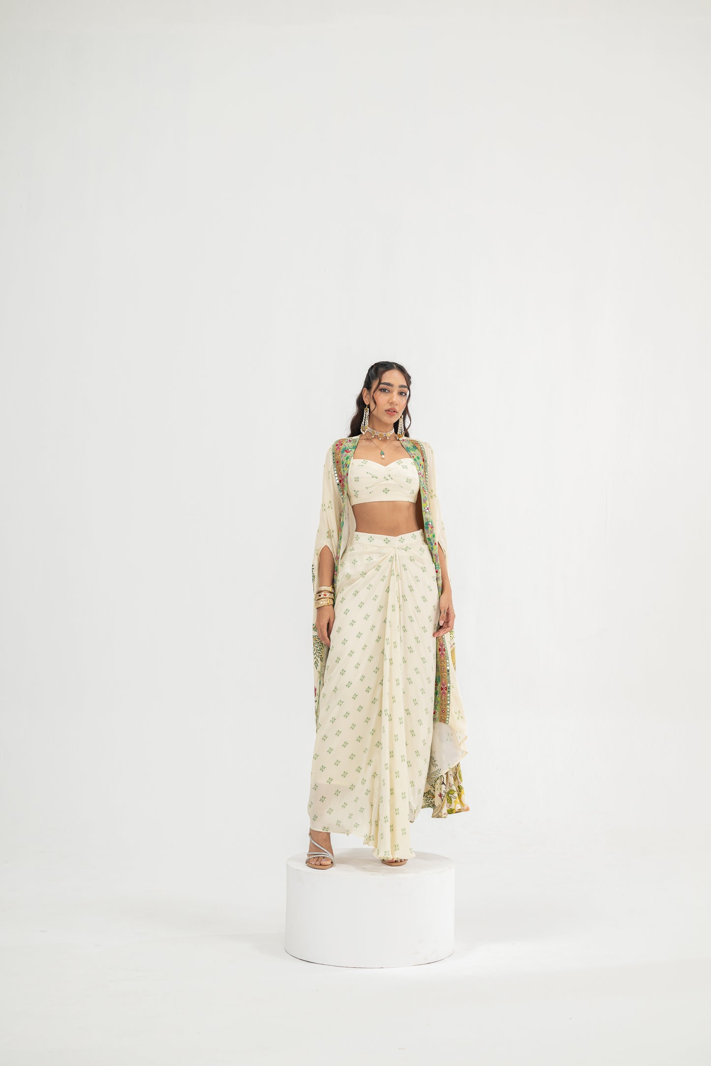 Cream Dotted Bralette And Skirt With Cream Mughal Garden Cape Set