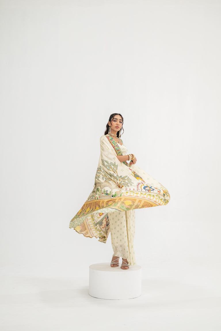 Cream Dotted Bralette And Skirt With Cream Mughal Garden Cape Set