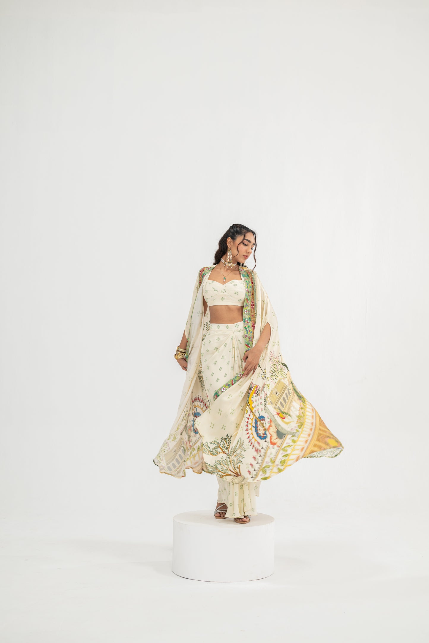 Cream Dotted Bralette And Skirt With Cream Mughal Garden Cape Set