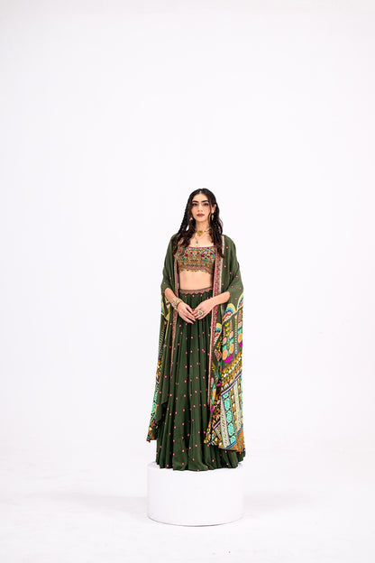 Green Lehenga Paired With Embroidered Bralette And Cape Set