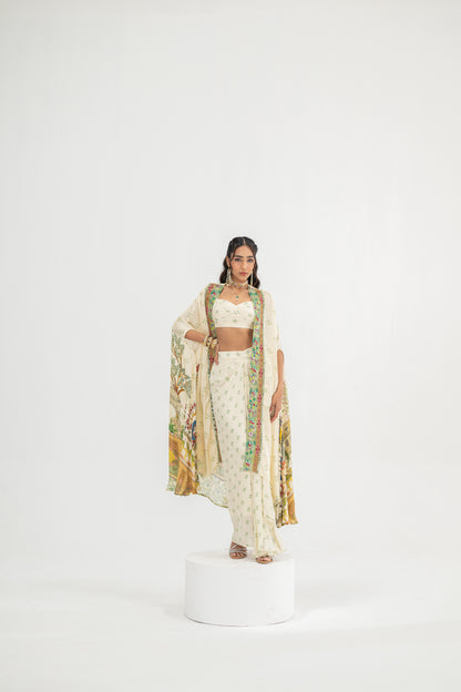 Cream Dotted Bralette And Skirt With Cream Mughal Garden Cape Set