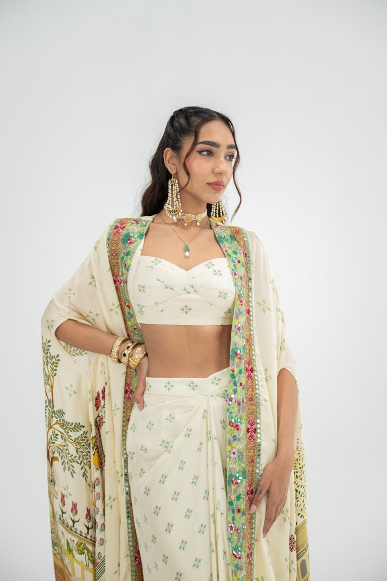 Cream Dotted Bralette And Skirt With Cream Mughal Garden Cape Set