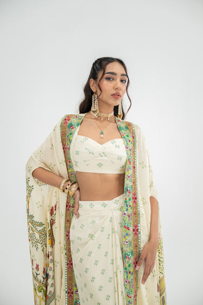 Cream Dotted Bralette And Skirt With Cream Mughal Garden Cape Set