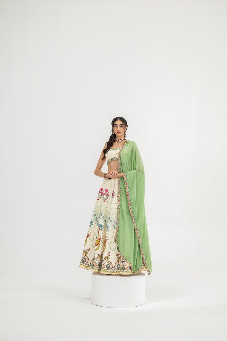 Cream Kali Lehenag With Blouse And Contrast Dupatta