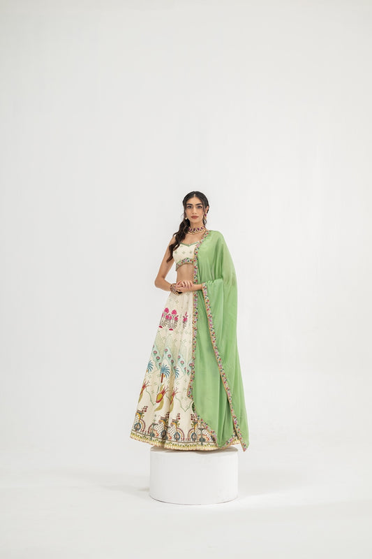 Cream Kali Lehenag With Blouse And Contrast Dupatta