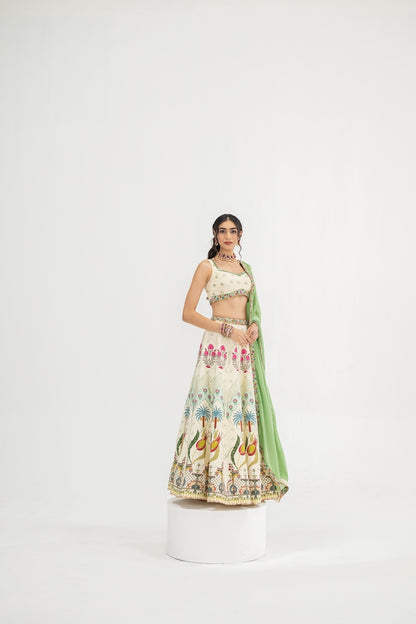 Cream Kali Lehenag With Blouse And Contrast Dupatta