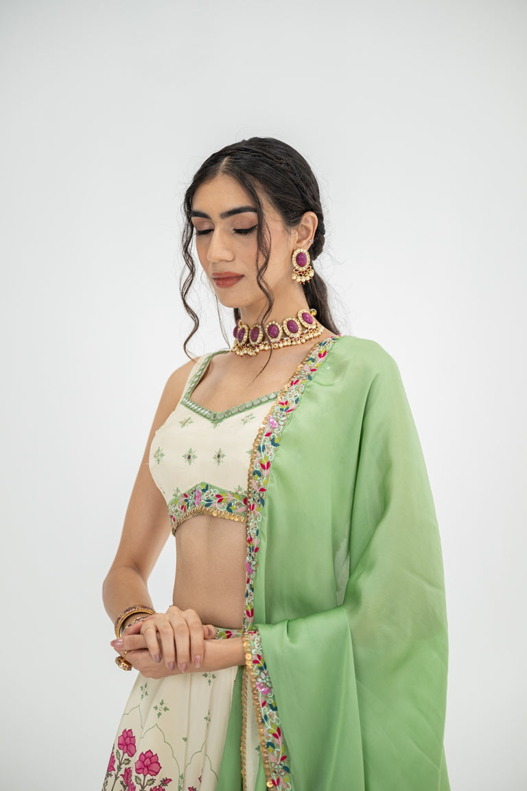 Cream Kali Lehenag With Blouse And Contrast Dupatta