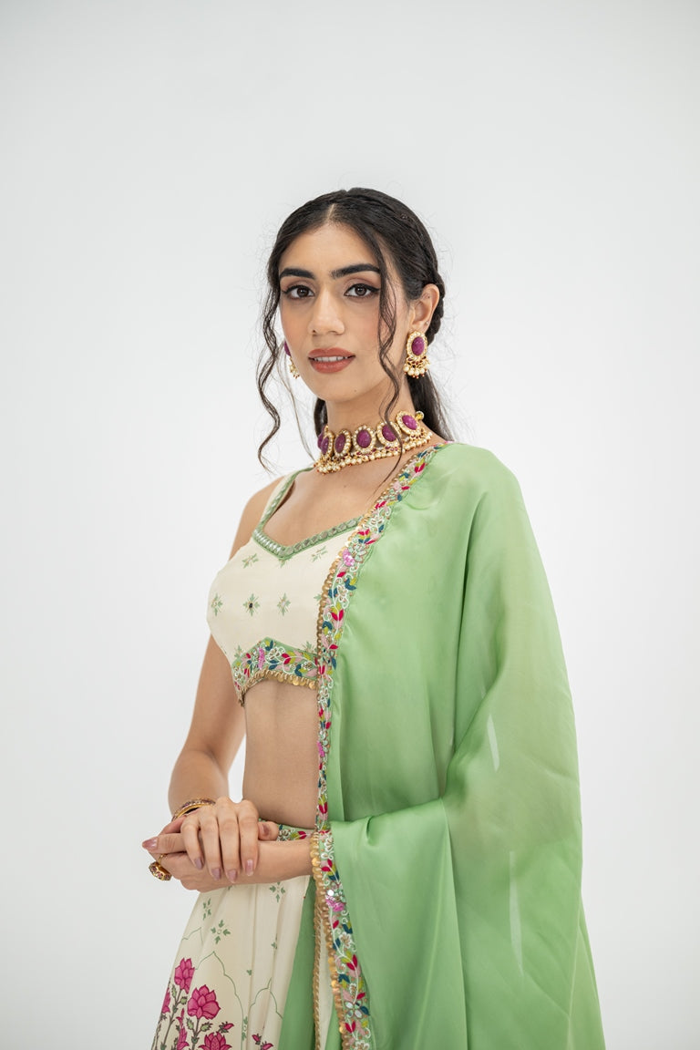 Cream Kali Lehenag With Blouse And Contrast Dupatta