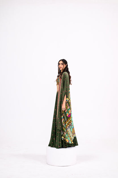 Green Lehenga Paired With Embroidered Bralette And Cape Set