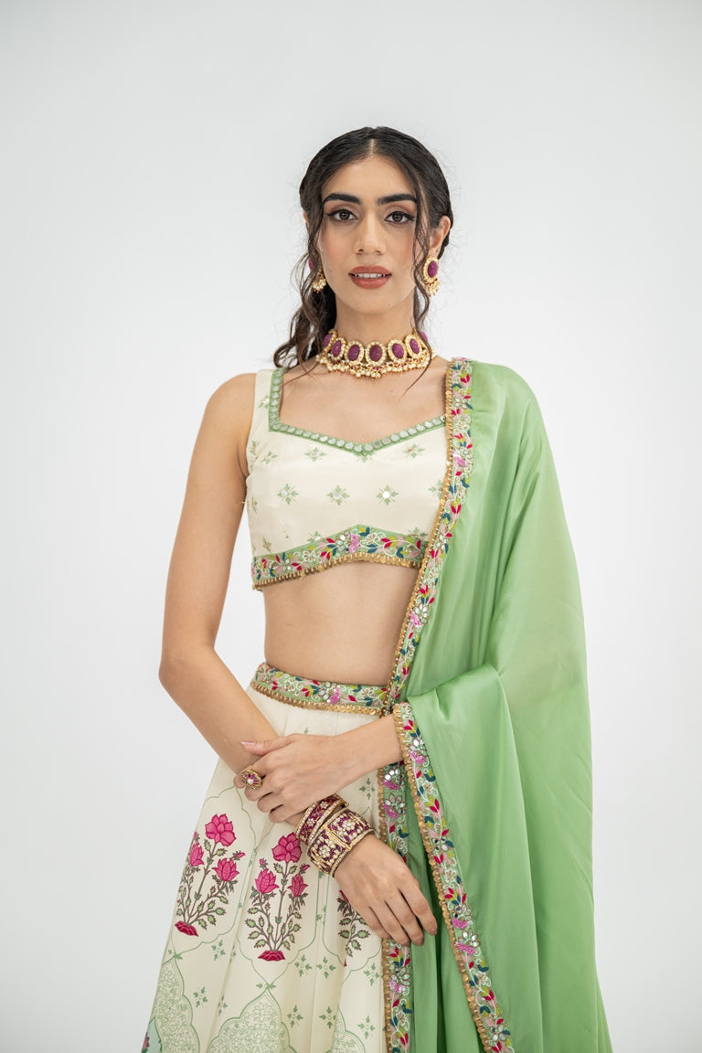 Cream Kali Lehenag With Blouse And Contrast Dupatta