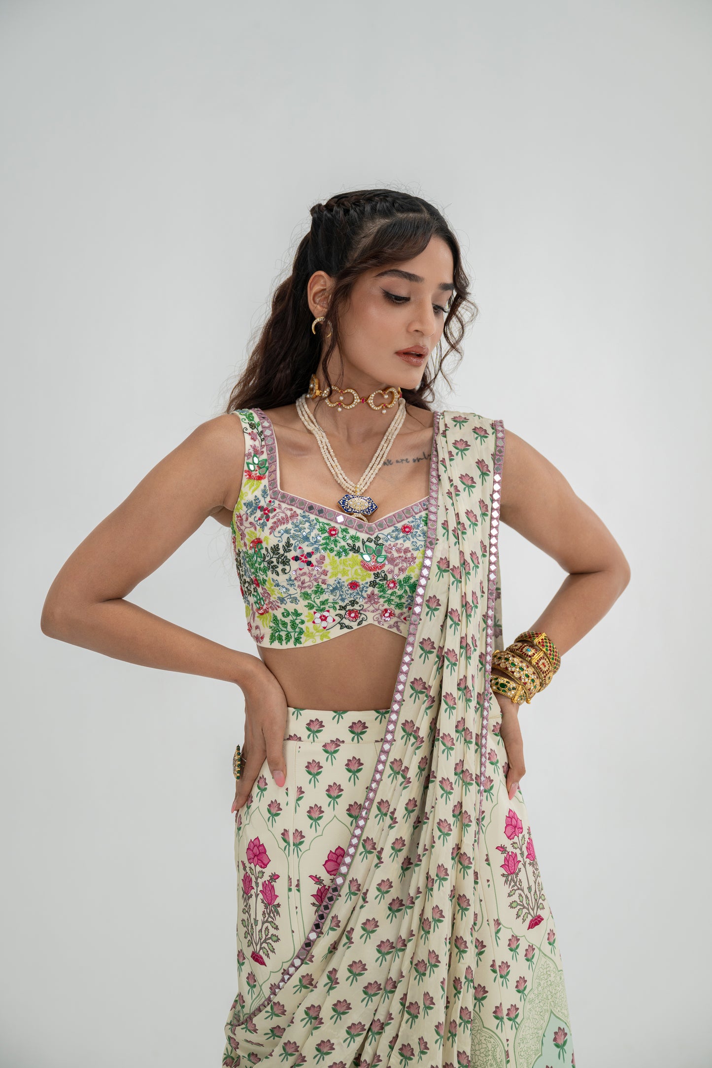 Cream Kali Pants Paired With Attached Palla And Hand Embroidred Bralette