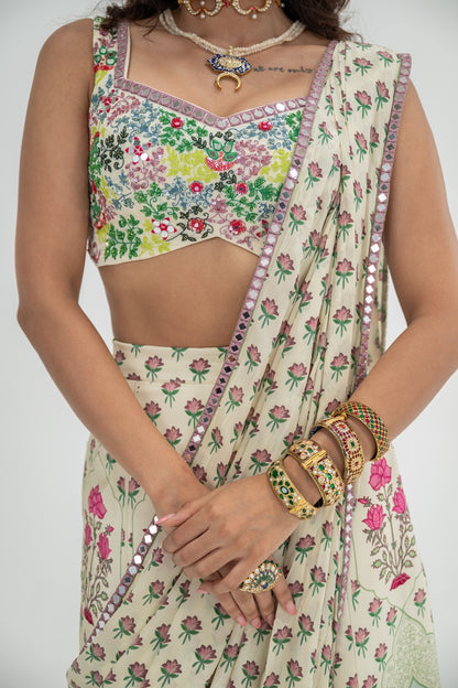 Cream Kali Pants Paired With Attached Palla And Hand Embroidred Bralette