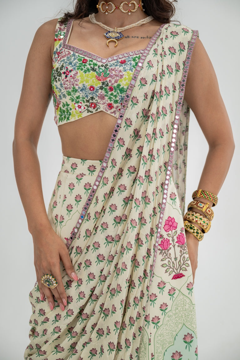 Cream Kali Pants Paired With Attached Palla And Hand Embroidred Bralette