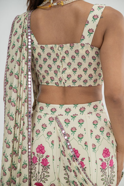 Cream Kali Pants Paired With Attached Palla And Hand Embroidred Bralette