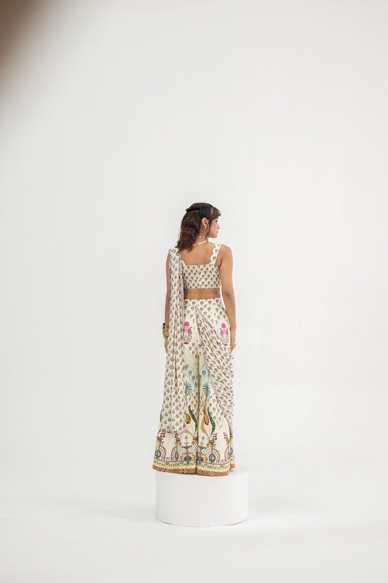 Cream Kali Pants Paired With Attached Palla And Hand Embroidred Bralette