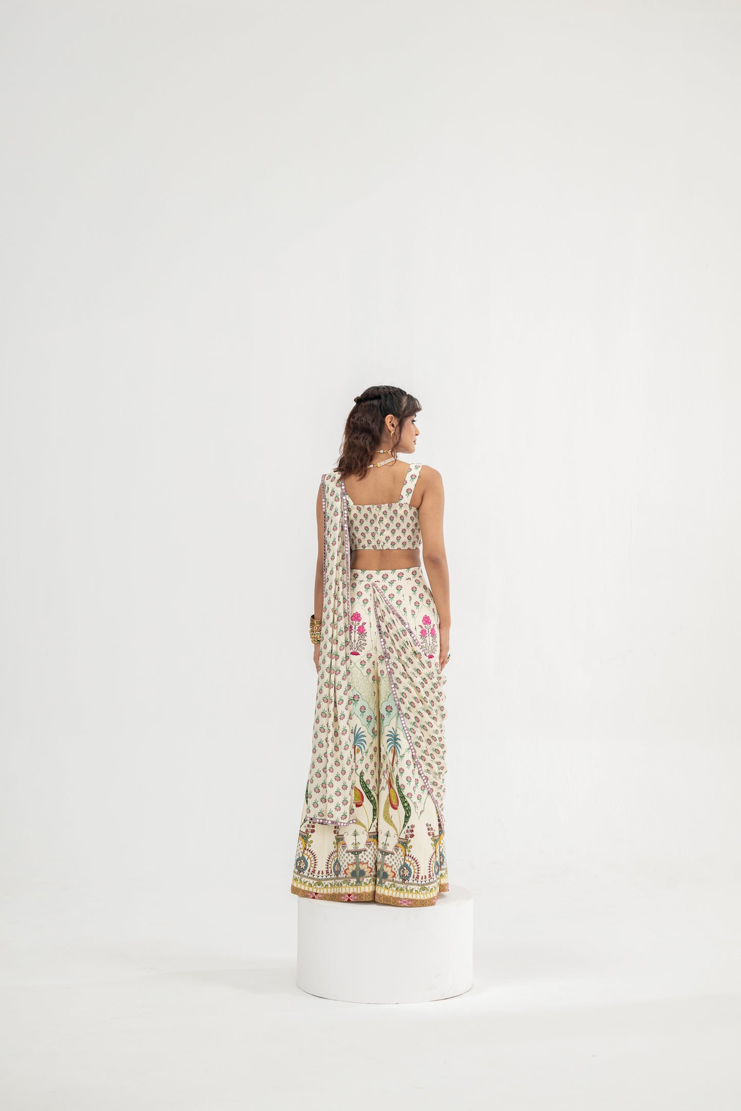 Cream Kali Pants Paired With Attached Palla And Hand Embroidred Bralette