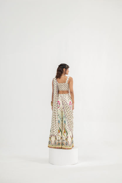 Cream Kali Pants Paired With Attached Palla And Hand Embroidred Bralette