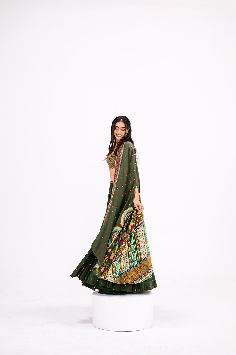 Green Lehenga Paired With Embroidered Bralette And Cape Set