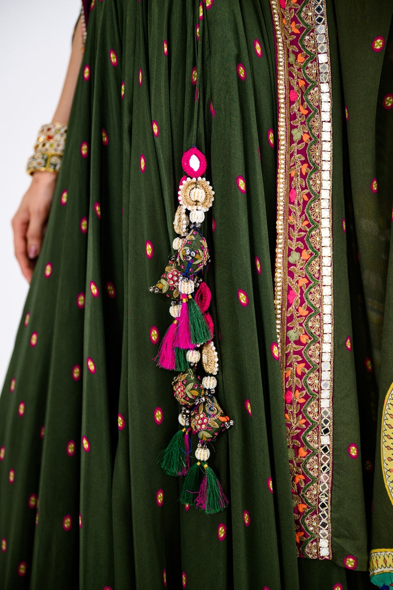 Green Lehenga Paired With Embroidered Bralette And Cape Set