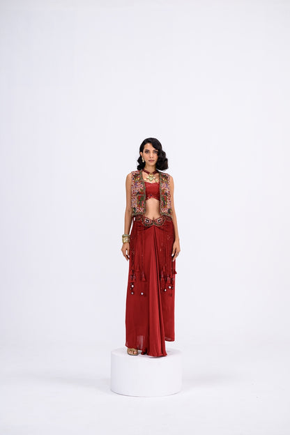 Red Tassel Jacket With Bralette And Skirt Dhoti Set