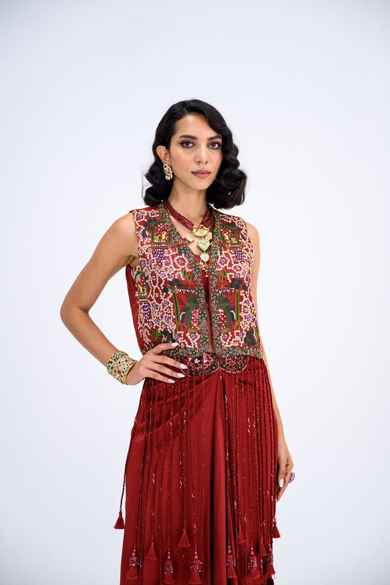 Red Tassel Jacket With Bralette And Skirt Dhoti Set