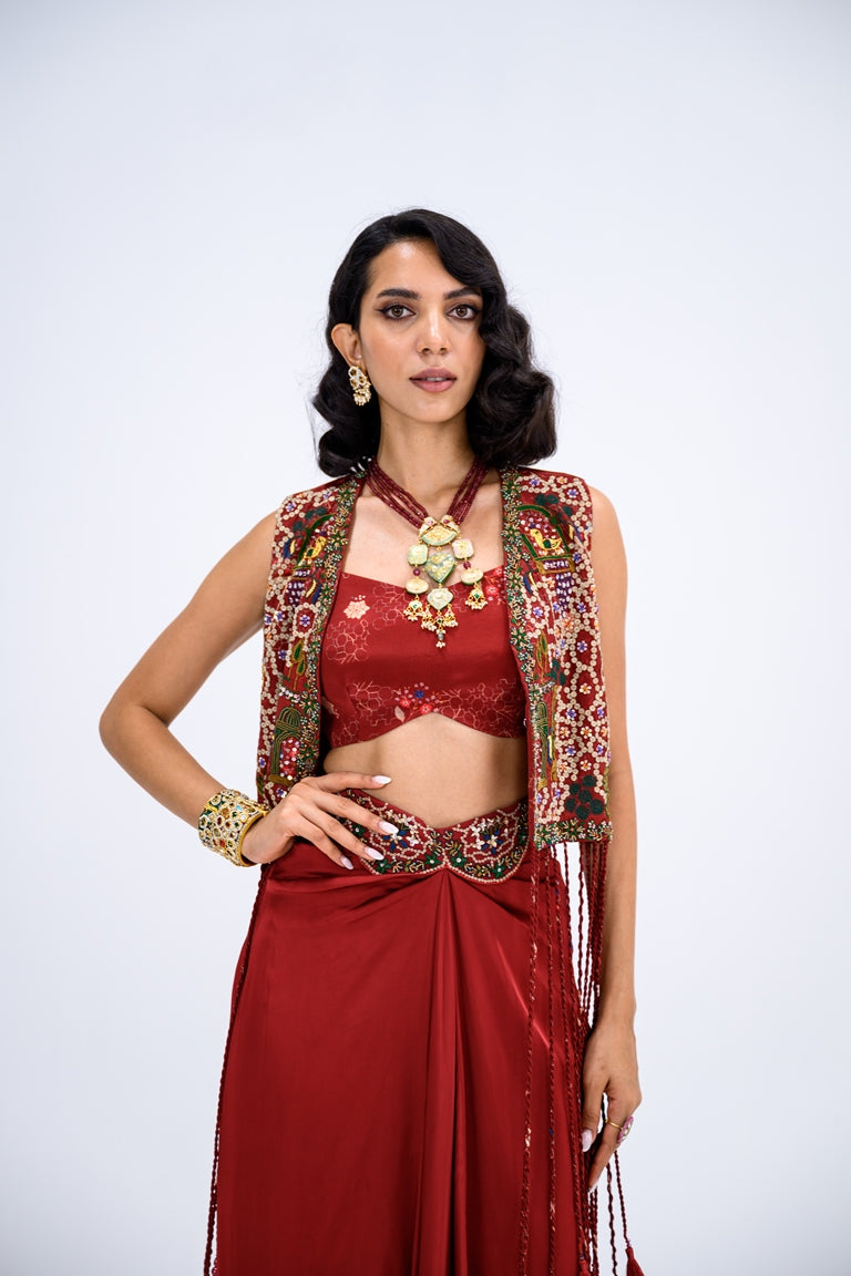 Red Tassel Jacket With Bralette And Skirt Dhoti Set