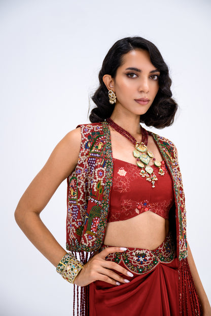 Red Tassel Jacket With Bralette And Skirt Dhoti Set