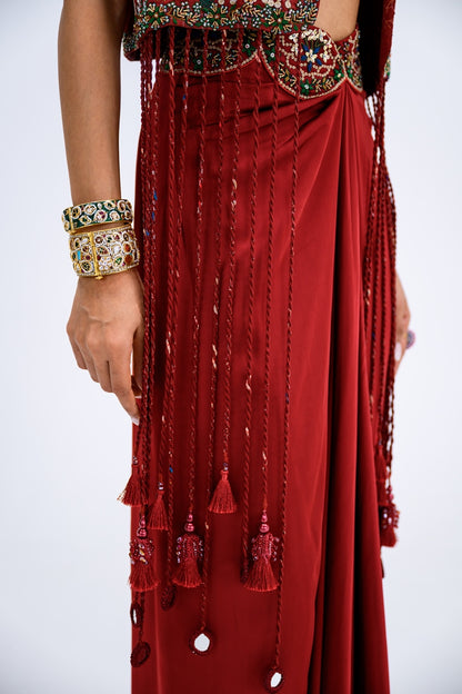 Red Tassel Jacket With Bralette And Skirt Dhoti Set