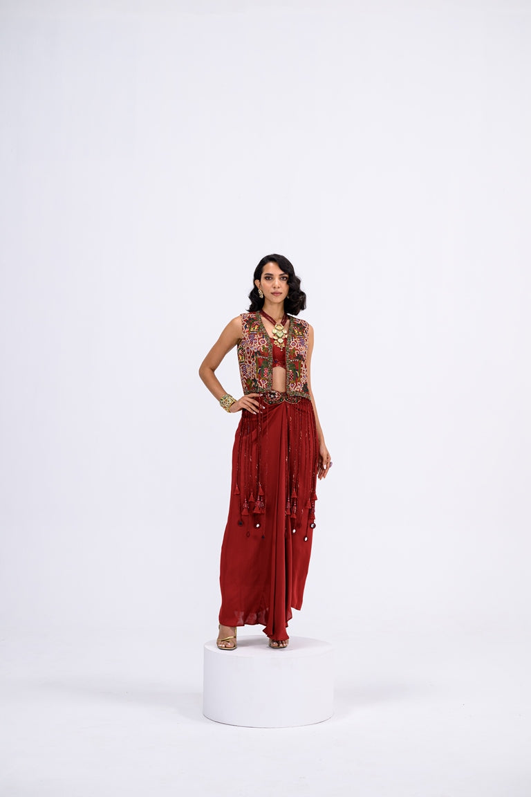 Red Tassel Jacket With Bralette And Skirt Dhoti Set