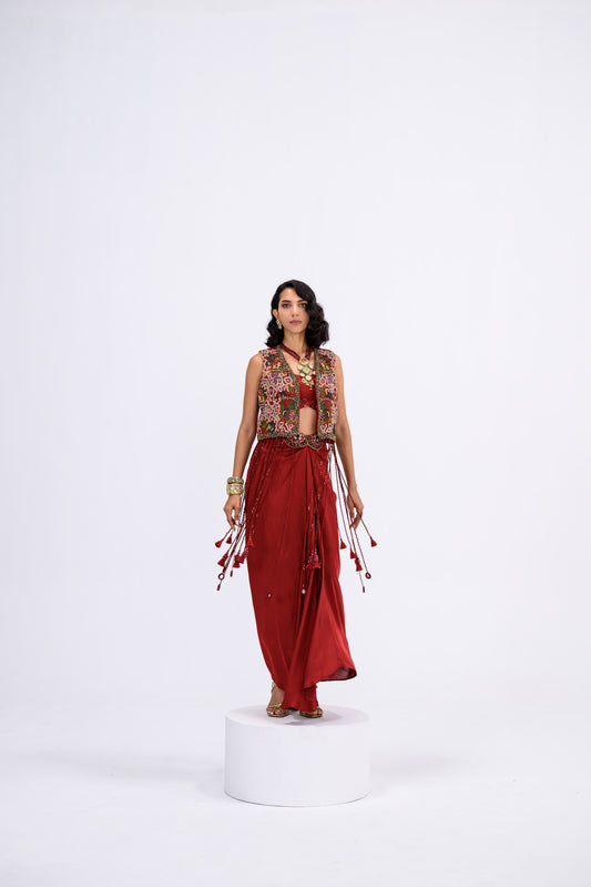 Red Tassel Jacket With Bralette And Skirt Dhoti Set