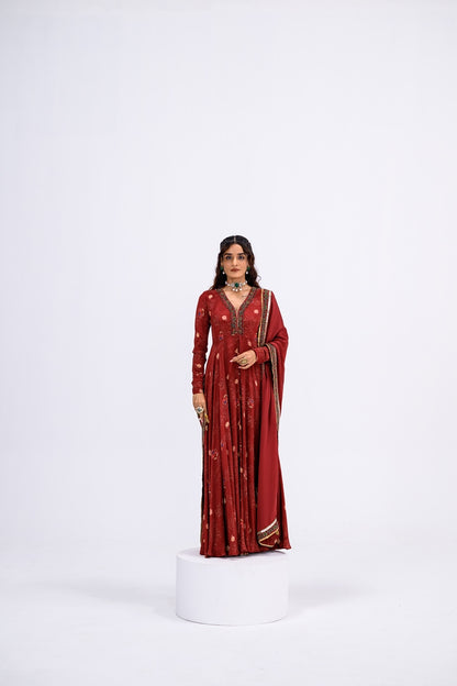 Red Mughal Overall Anarkali With Dupatta