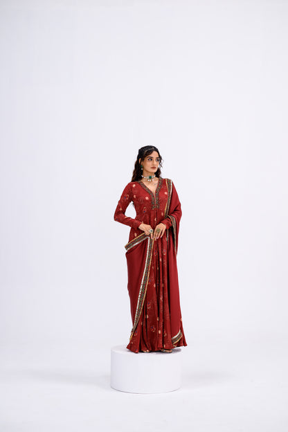 Red Mughal Overall Anarkali With Dupatta