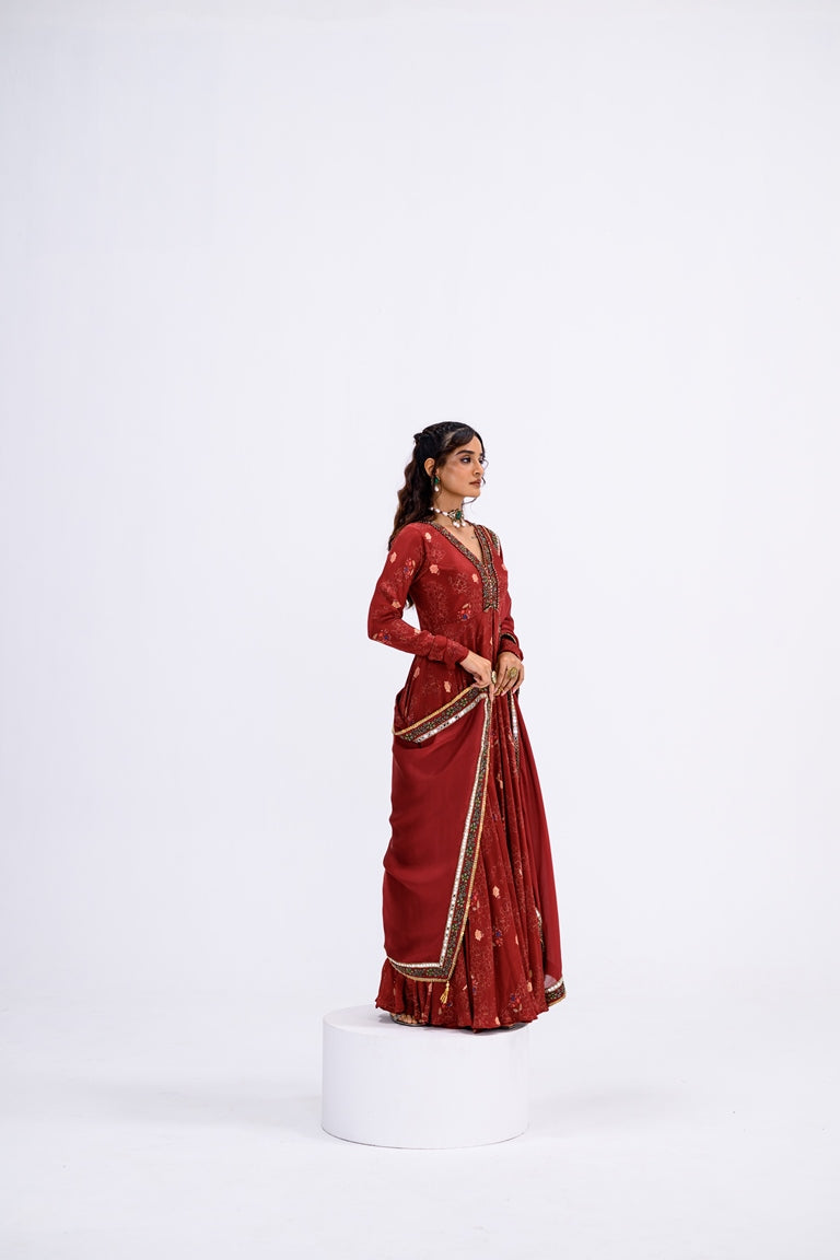 Red Mughal Overall Anarkali With Dupatta