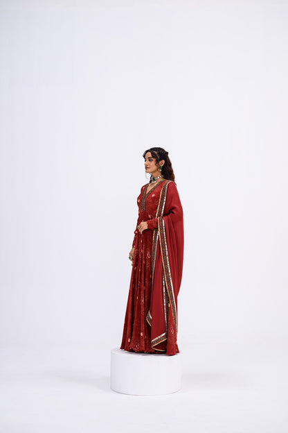 Red Mughal Overall Anarkali With Dupatta