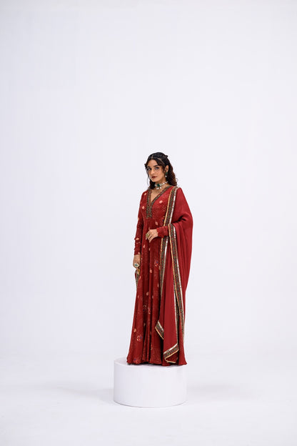 Red Mughal Overall Anarkali With Dupatta