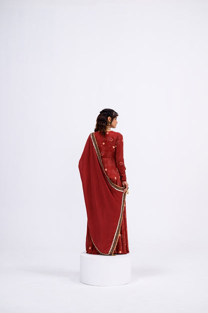 Red Mughal Overall Anarkali With Dupatta