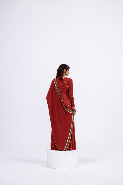 Red Mughal Overall Anarkali With Dupatta