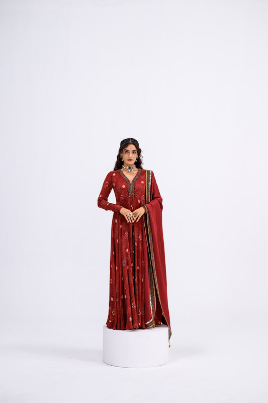 Red Mughal Overall Anarkali With Dupatta