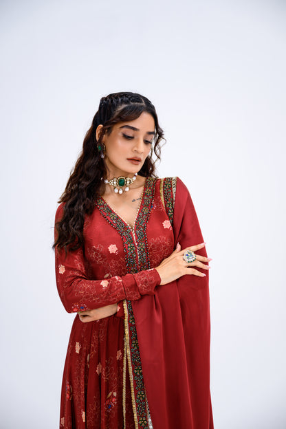 Red Mughal Overall Anarkali With Dupatta