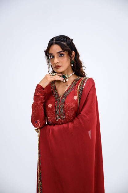 Red Mughal Overall Anarkali With Dupatta