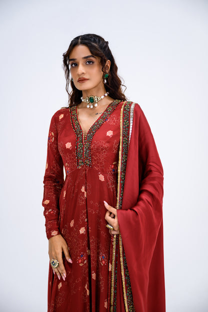 Red Mughal Overall Anarkali With Dupatta