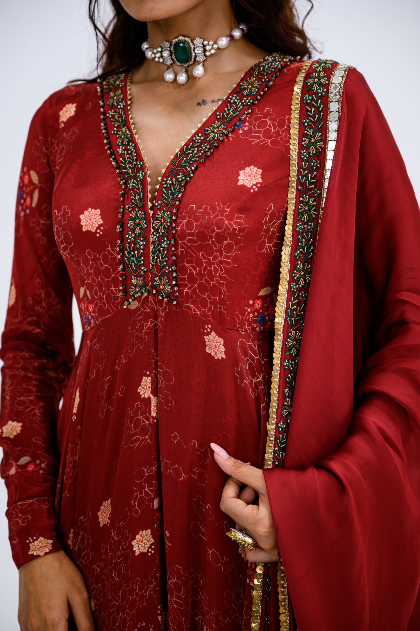 Red Mughal Overall Anarkali With Dupatta