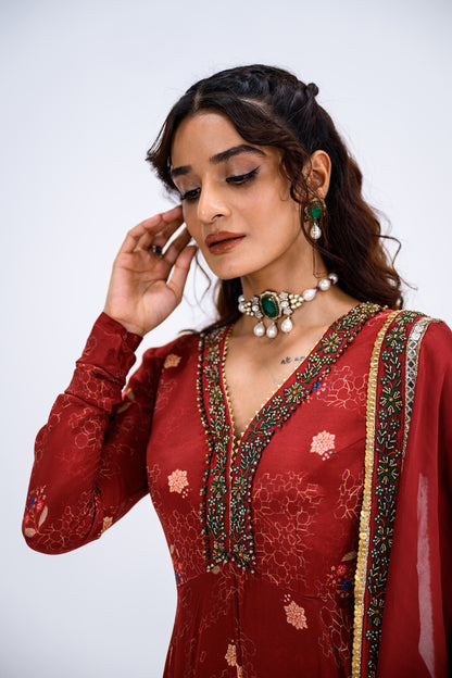 Red Mughal Overall Anarkali With Dupatta