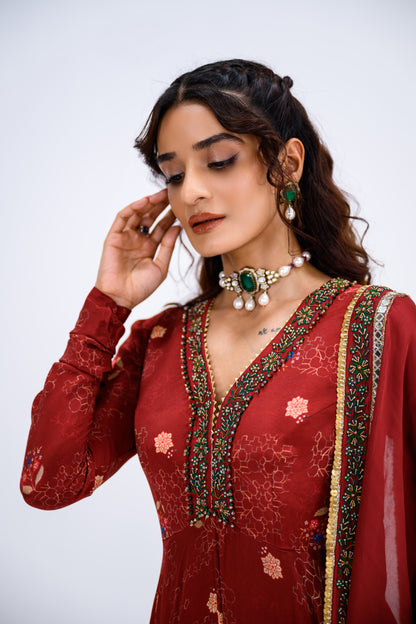 Red Mughal Overall Anarkali With Dupatta