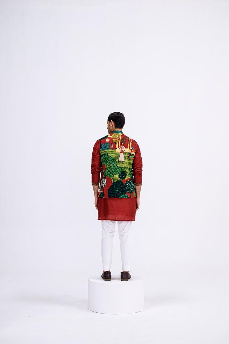 Red Mughal Garden Bundi Paired With Kurta And Pants Set