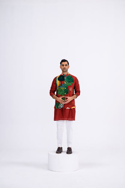 Red Mughal Garden Bundi Paired With Kurta And Pants Set