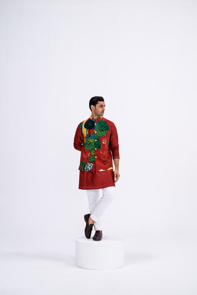 Red Mughal Garden Bundi Paired With Kurta And Pants Set