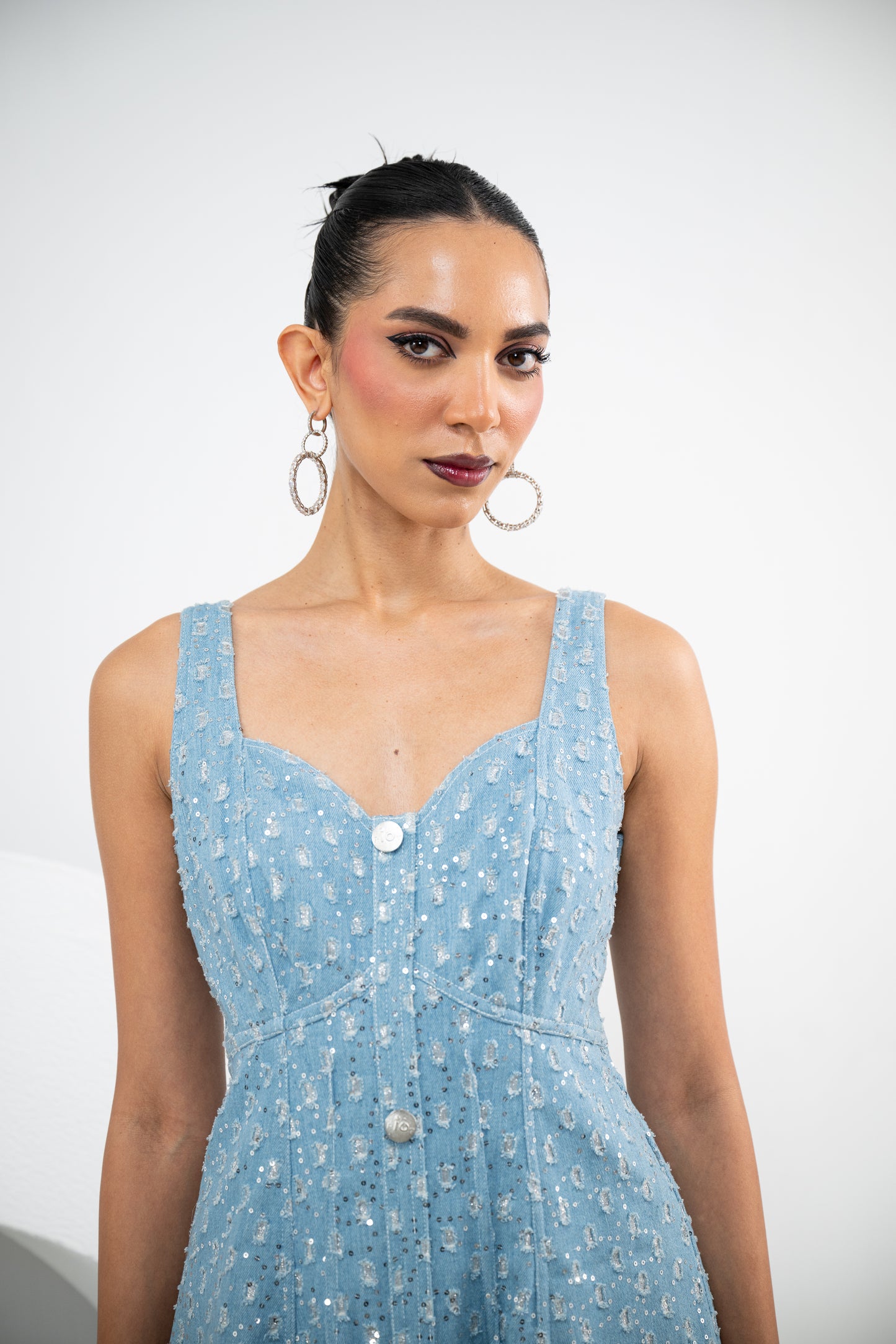 GLITTER DENIM PANEL DRESS