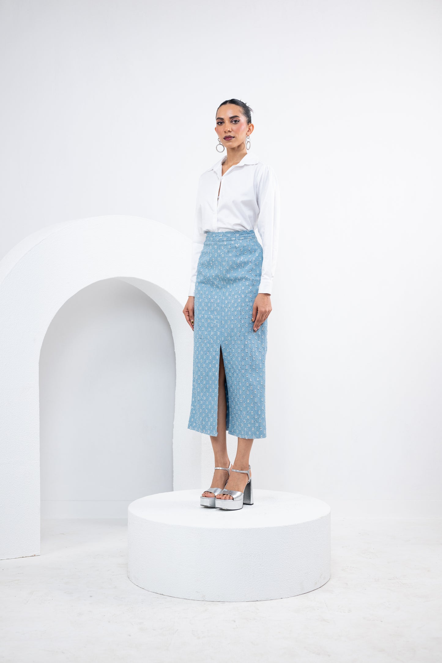 GLITTER SKIRT WITH PLEATED COTTON SHIRT SET