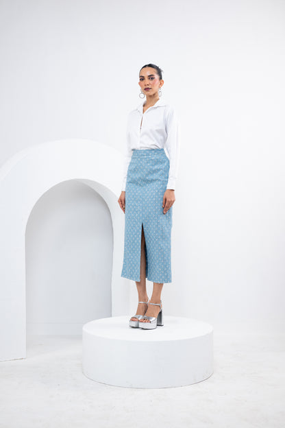 GLITTER SKIRT WITH PLEATED COTTON SHIRT SET